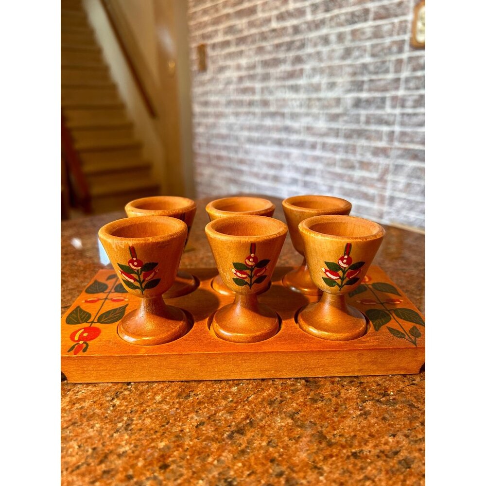 “Czantoria” Set of 6 Wood Egg Cups & Wood Tray |Handcrafted | Poland | Folk Art